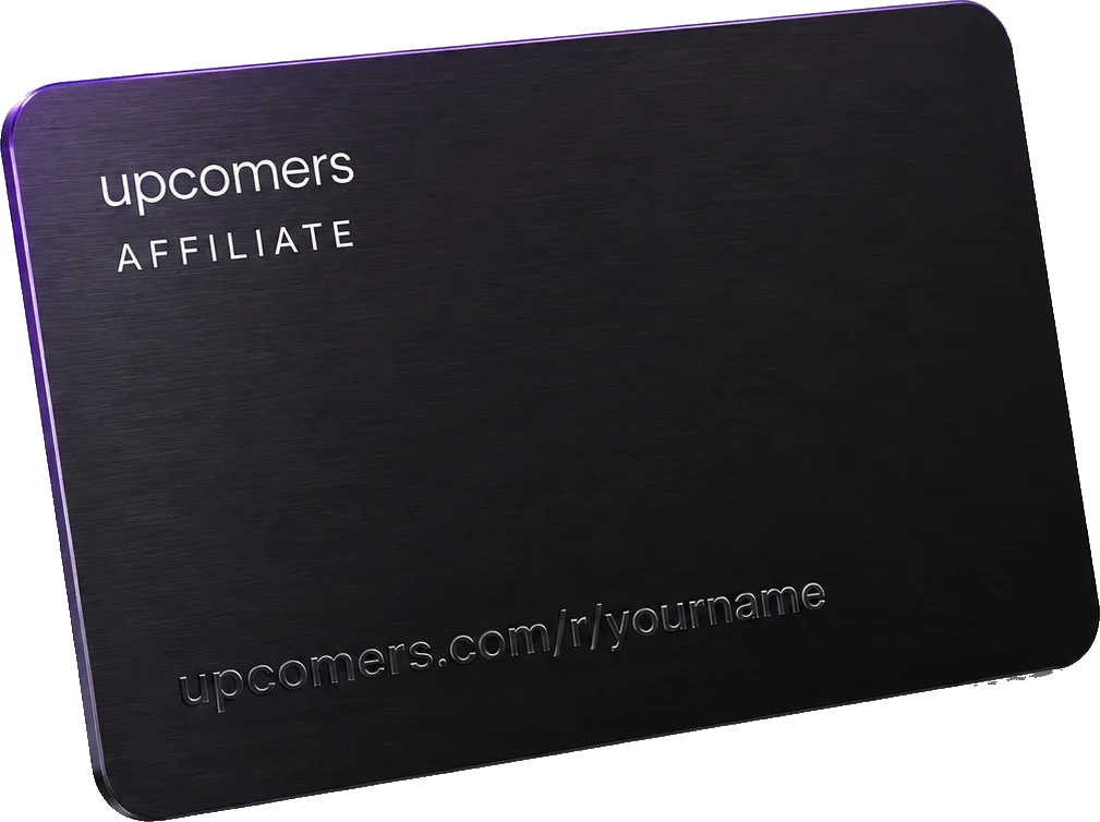 A black metal Upcomers Affiliate card embossed with the referral link upcomers.com/r/yourname