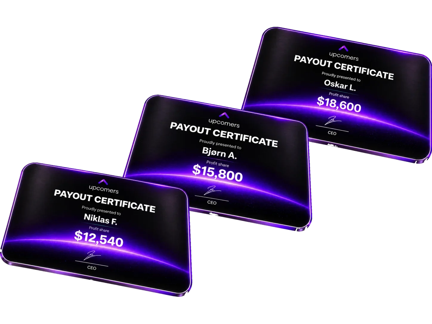 Three Upcomers payout certificates fanned like premium cards: $18,600, $15,800 and $12,540